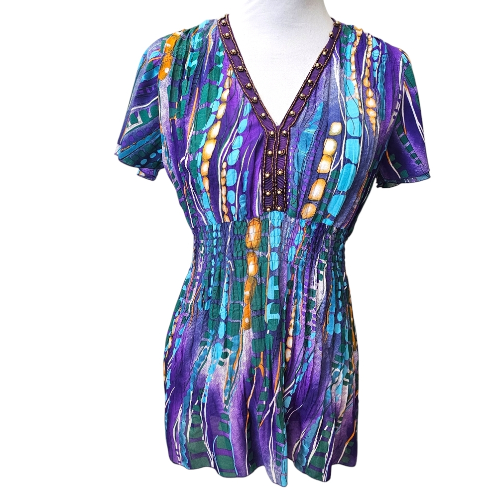 NY Collection Colorful Crinkle Top Empire Waist Women's Size S